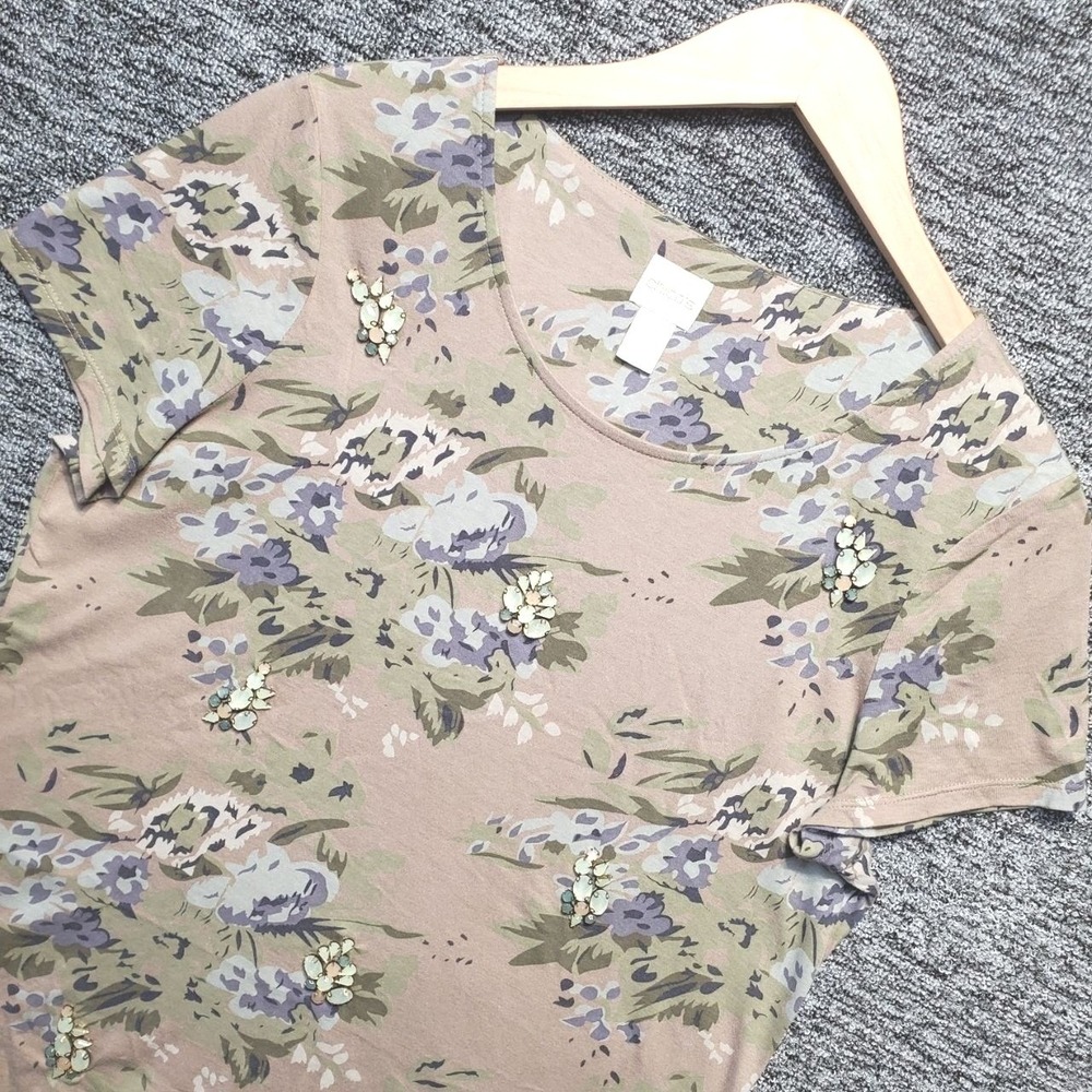Chicos Floral Bouquet Embellished Short Sleeve Tee Women M Brown Gem Spring Art